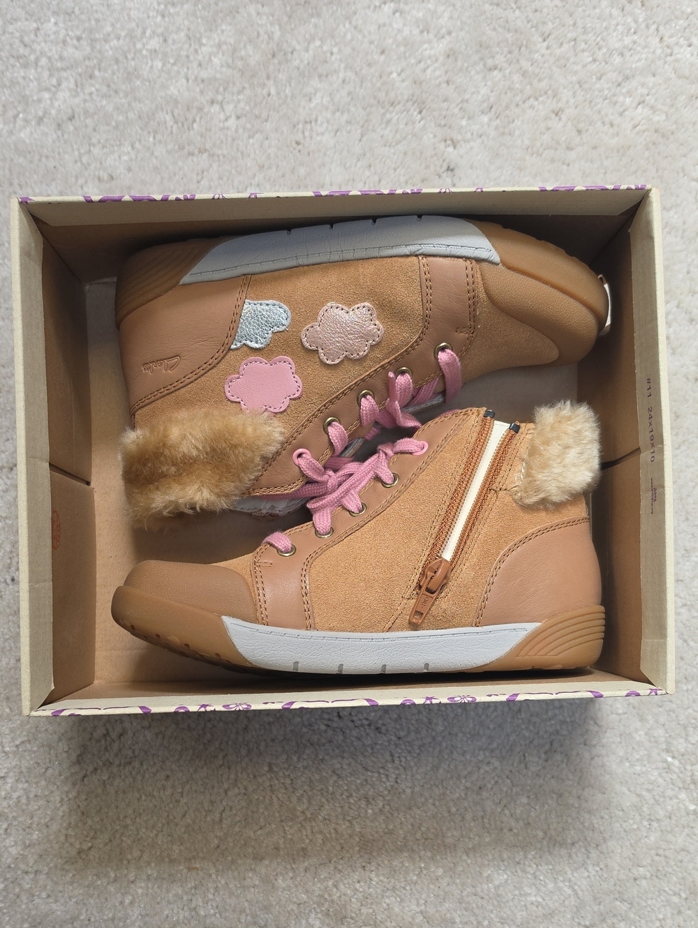Clarks Tan Ankle Suade Boots with Pink Accents and Fur Trim